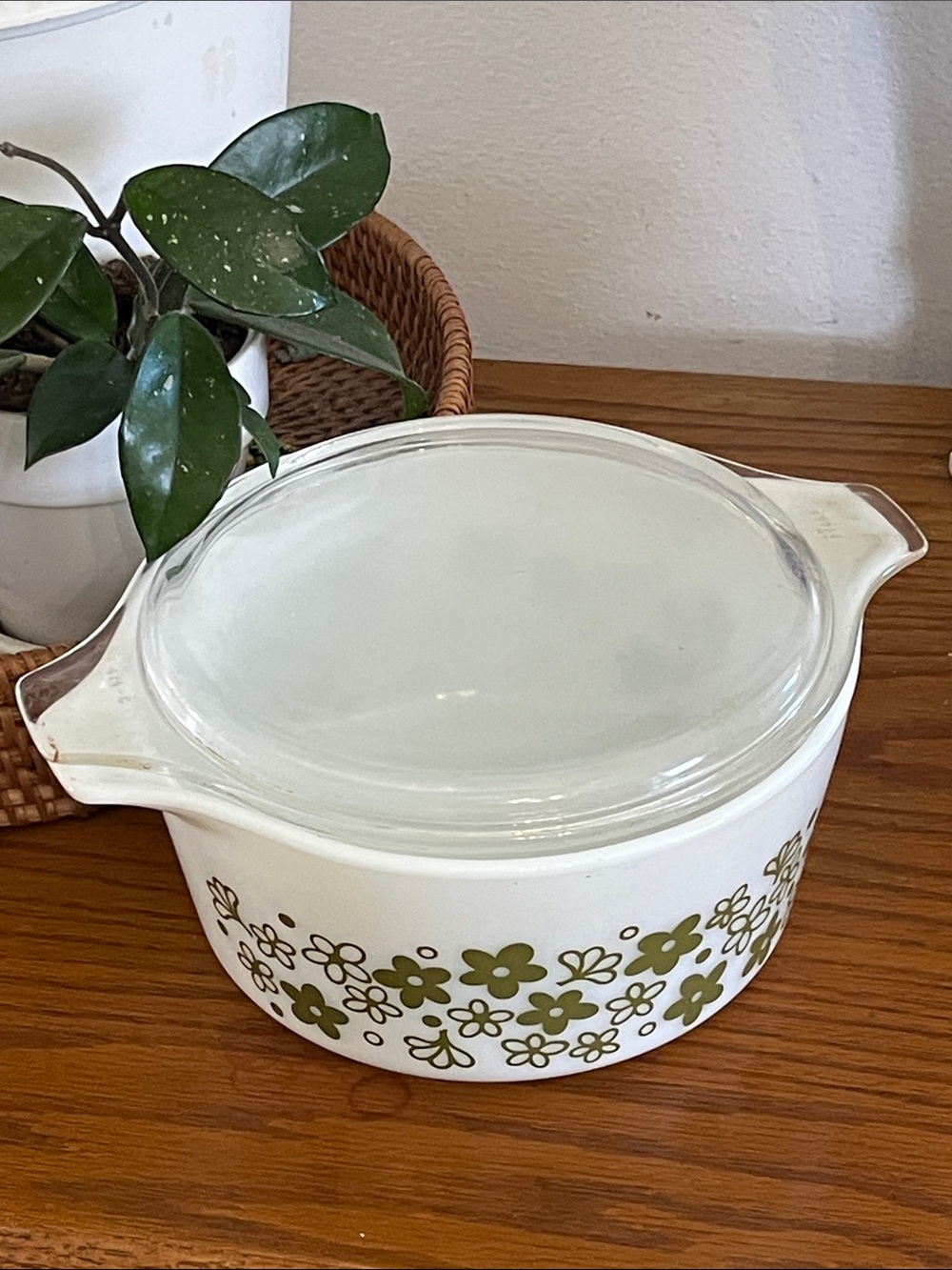 Vintage Floral spring blossom Pyrex Dish with  Lid - White & Olive Green